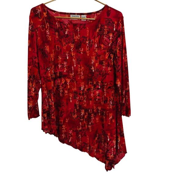 Chico's Travelers Asian Inspired Top Size Large / 2 Red Asymmetrical Hem Stretch - Picture 1 of 6